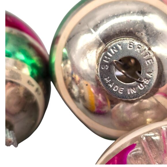 Lot Of 5 Shiny Brite Double Indent DROP BALL Glass Christmas Ornaments Stripes - Picture 5 of 9